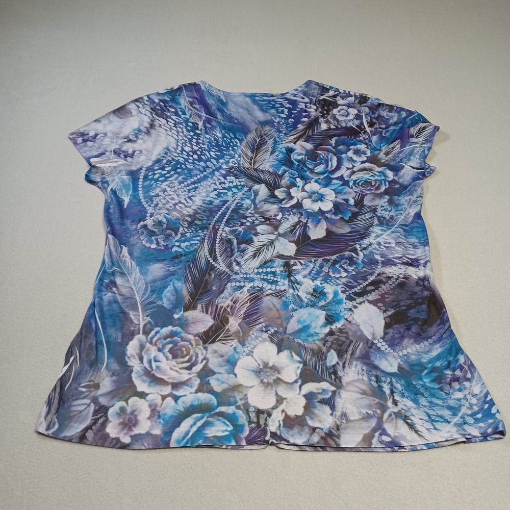 Susan Lawrence Blue Floral Feather‎ Rhinestone V-Neck Top L 114103 Made in USA